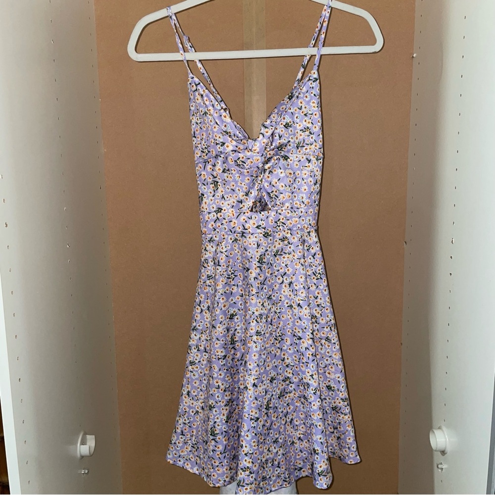Lavender Floral Dress Spaghetti Strap Cut out in Front Open Back